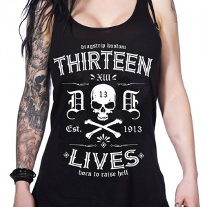 Dragstrip Kustom. Women`s Long Vest Top Thirteen Lives Black